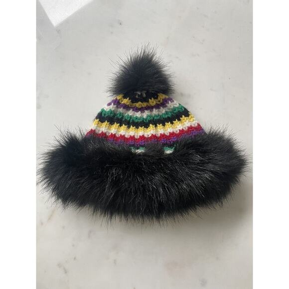 Polo Ralph Lauren Wool Pom Pom Beanie Hat Rainbow Knit Stripe Black Fur - Picture 3 of 4